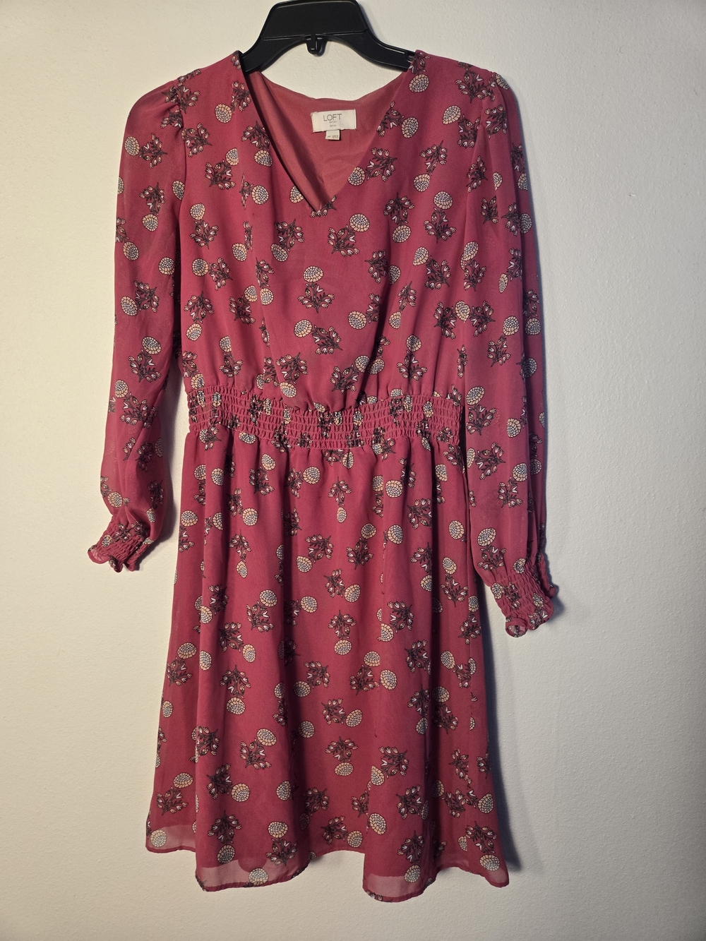 LOFT Pink Floral Shirred-Waist Long Sleeve Dress